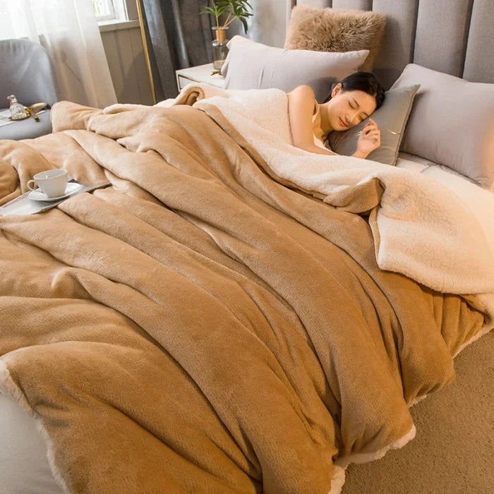 Sherpa throw blanket in charcoal, brushed flannel face and deep sherpa reverse, folded on a sofa