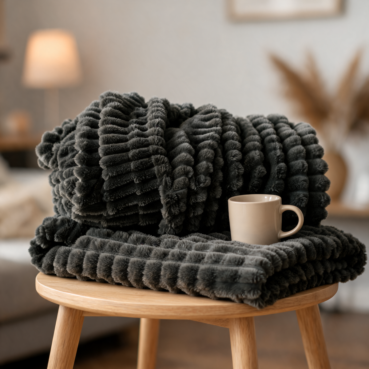 Ribbed fleece throw blanket on a stool