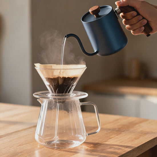 Slow pour from the Soplira gooseneck kettle in Slate Blue