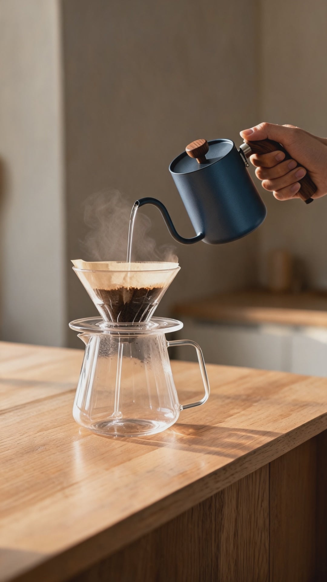 Slow pour from the Soplira gooseneck kettle in Slate Blue