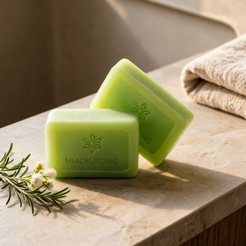 Two green tea tree soap bars on a stone shelf