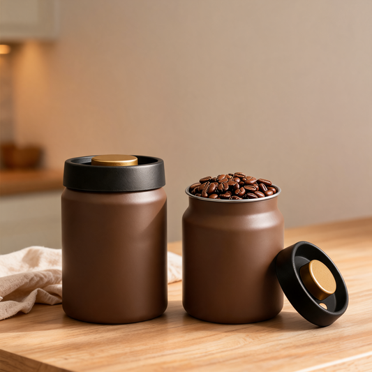 Vacuum coffee canister on a kitchen counter
