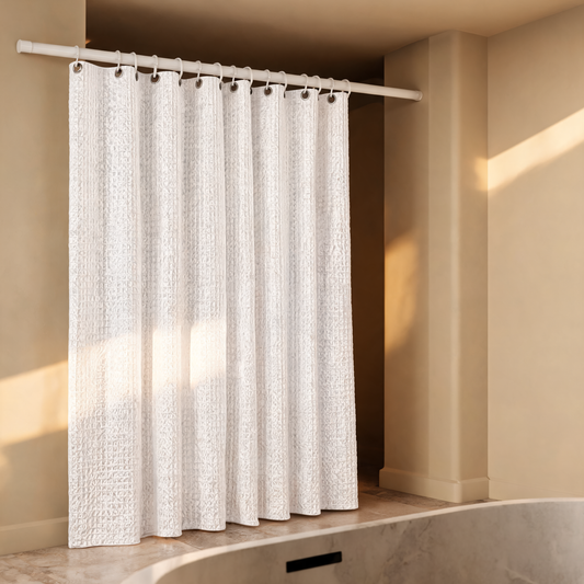 White waffle shower curtain hanging in a stone bathroom
