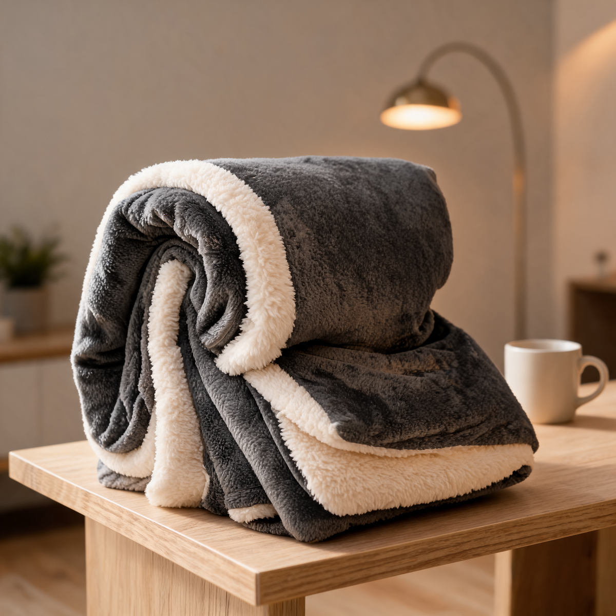 Sherpa throw blanket folded on a side table