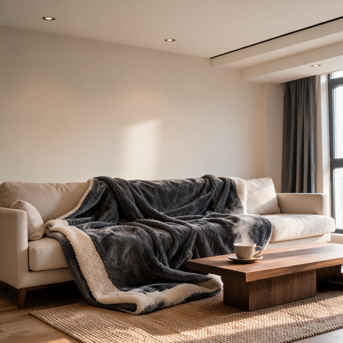 Sherpa throw blanket draped along a living room sofa with a cup of tea